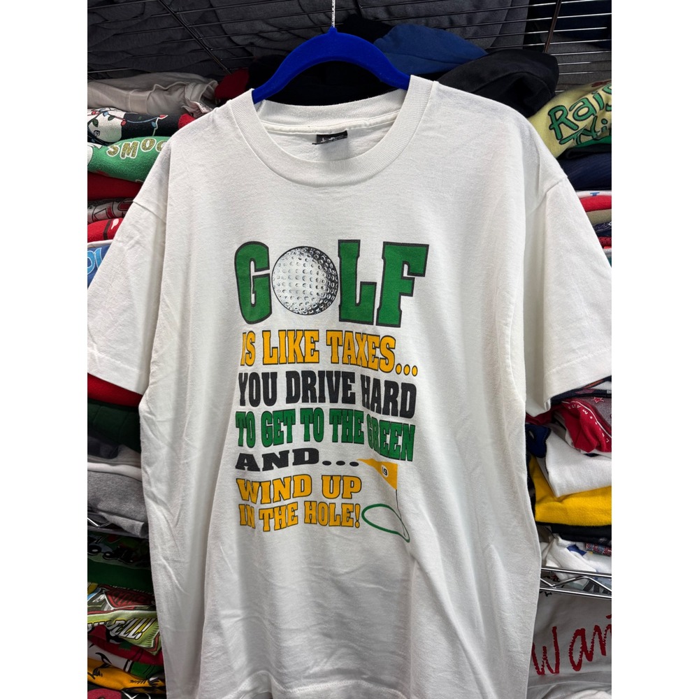 Vintage Fruit of the Loom Golf Is Like Taxes Graphic Shirt Mens Large White 90s